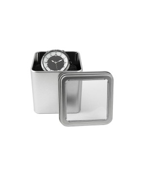 Estuche metálico cuadrado con ventana en tapa.